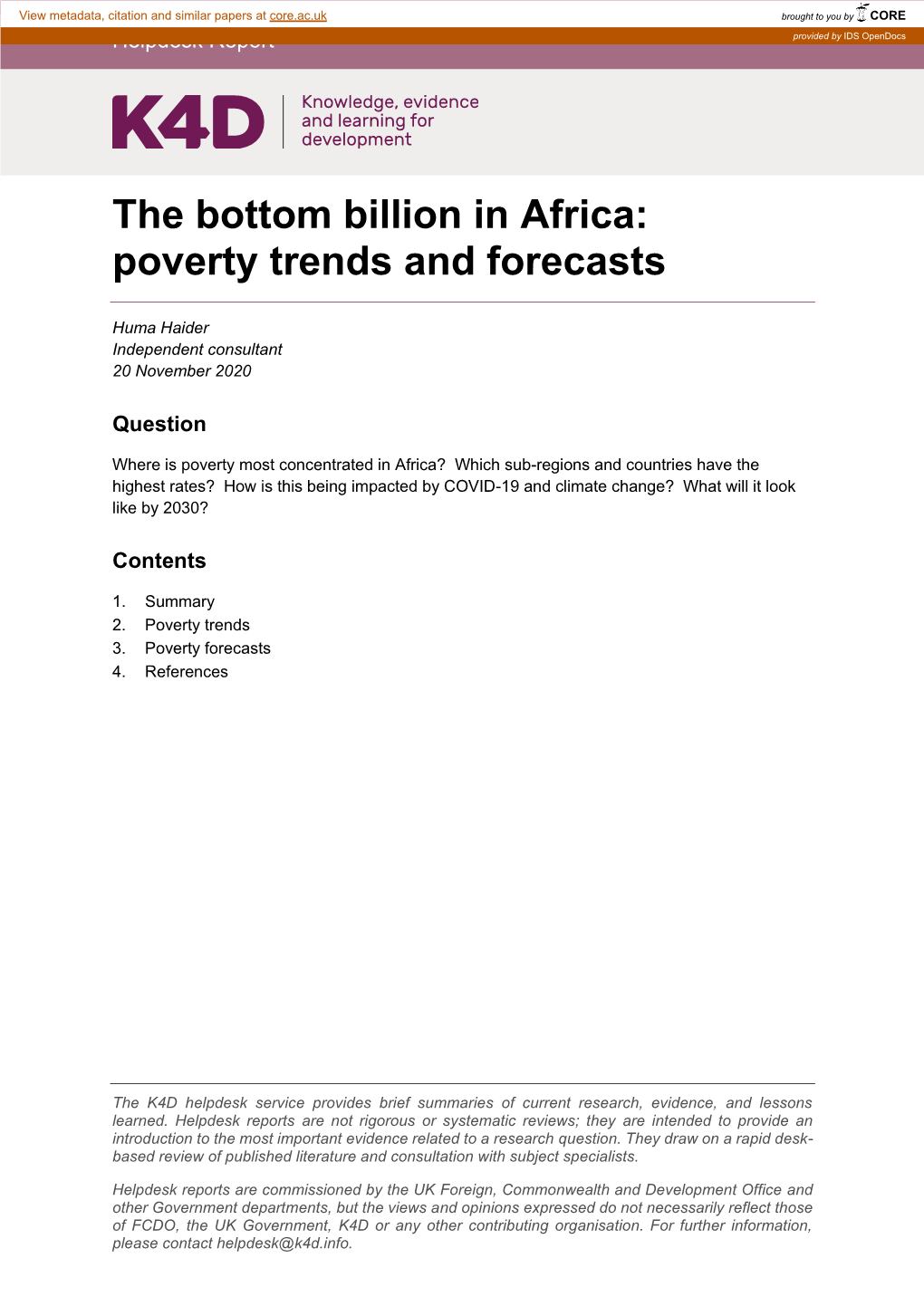The Bottom Billion in Africa: Poverty Trends and Forecasts