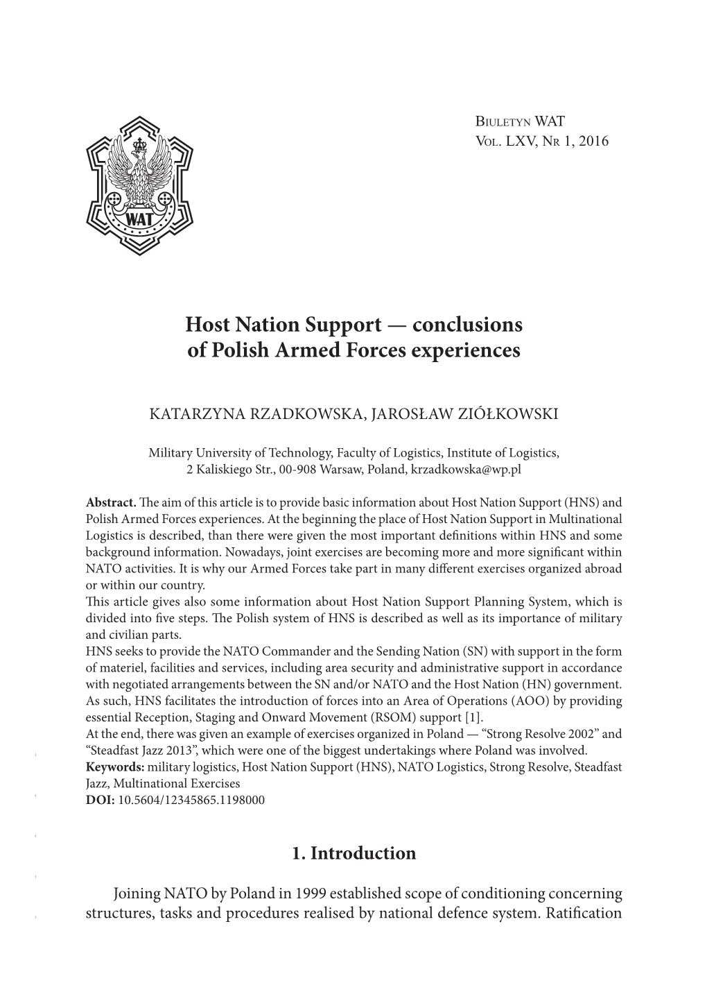 Host Nation Support — Conclusions of Polish Armed Forces Experiences