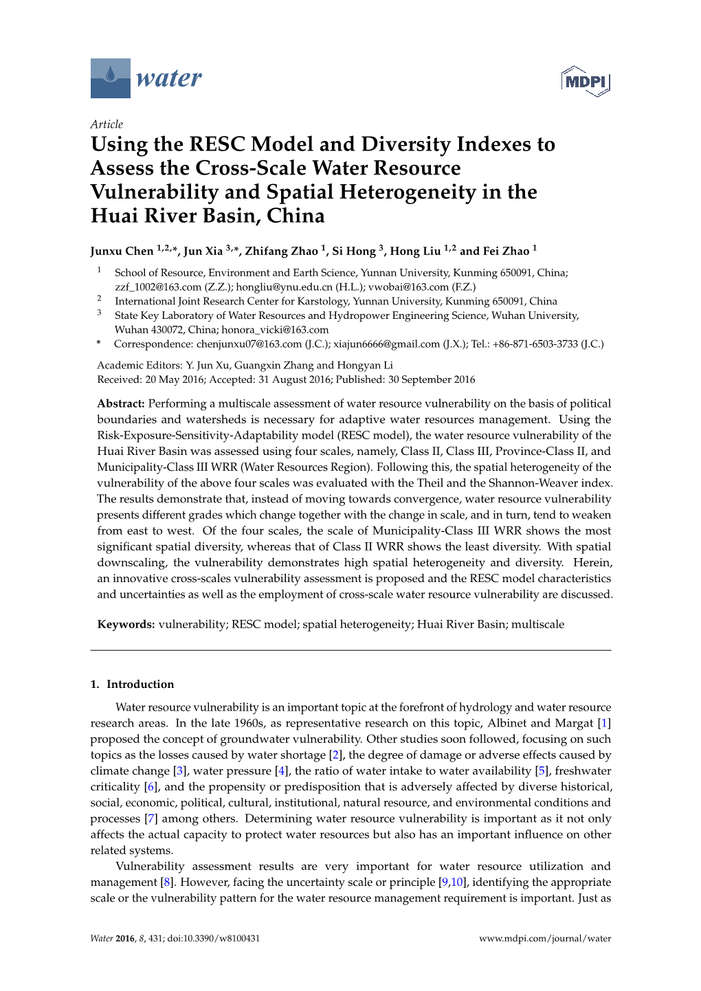 Using the RESC Model and Diversity Indexes to Assess the Cross-Scale Water Resource Vulnerability and Spatial Heterogeneity in the Huai River Basin, China