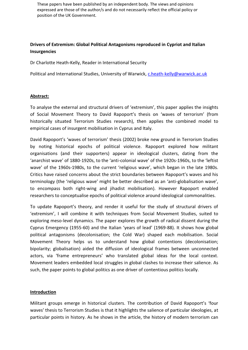 Drivers of Extremism: Global Political Antagonisms Reproduced in Cypriot and Italian Insurgencies