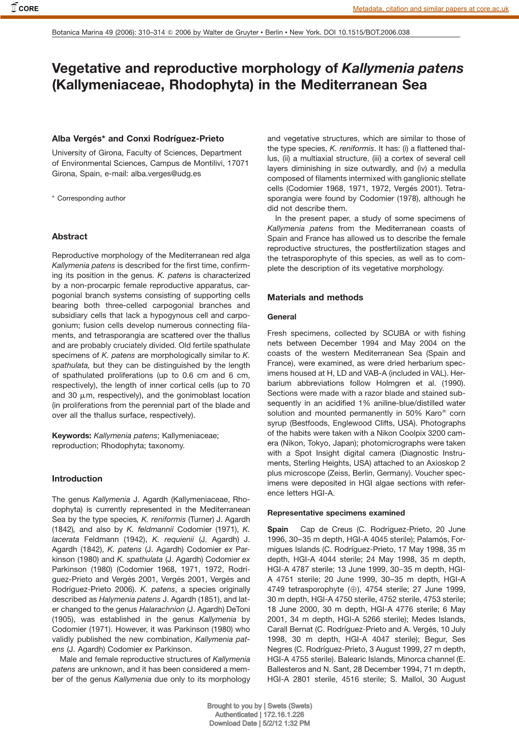 Vegetative and Reproductive Morphology of Kallymenia Patens (Kallymeniaceae, Rhodophyta) in the Mediterranean Sea