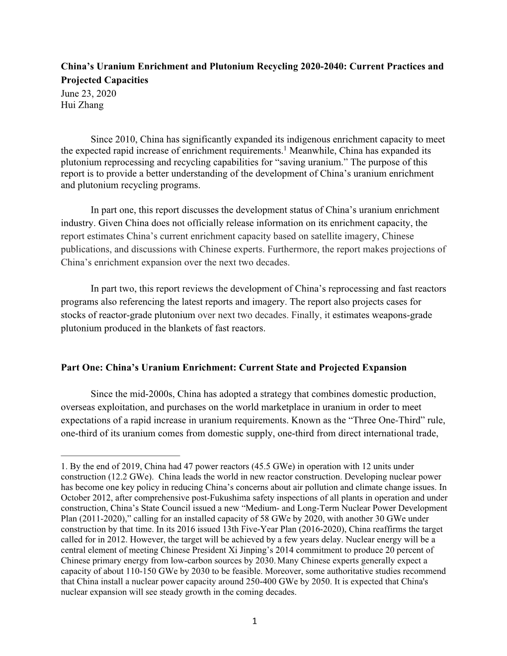 1 China's Uranium Enrichment and Plutonium Recycling 2020-2040