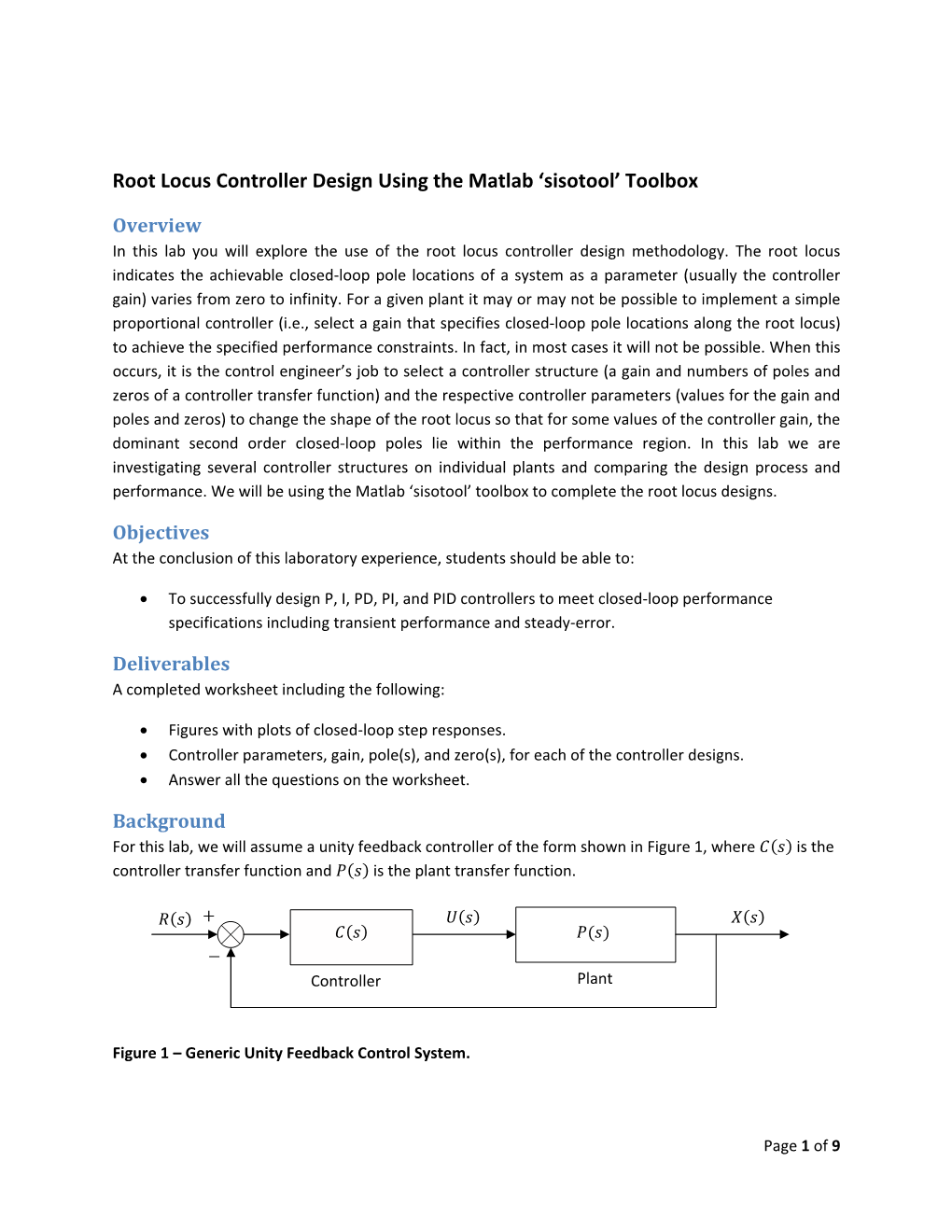 Root Locus Controller Design Using the Matlab 'Sisotool' Toolbox