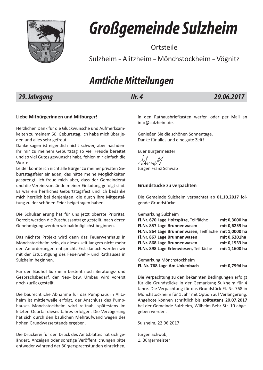 Großgemeinde Sulzheim Ortsteile Sulzheim – Alitzheim – Mönchstockheim – Vögnitz