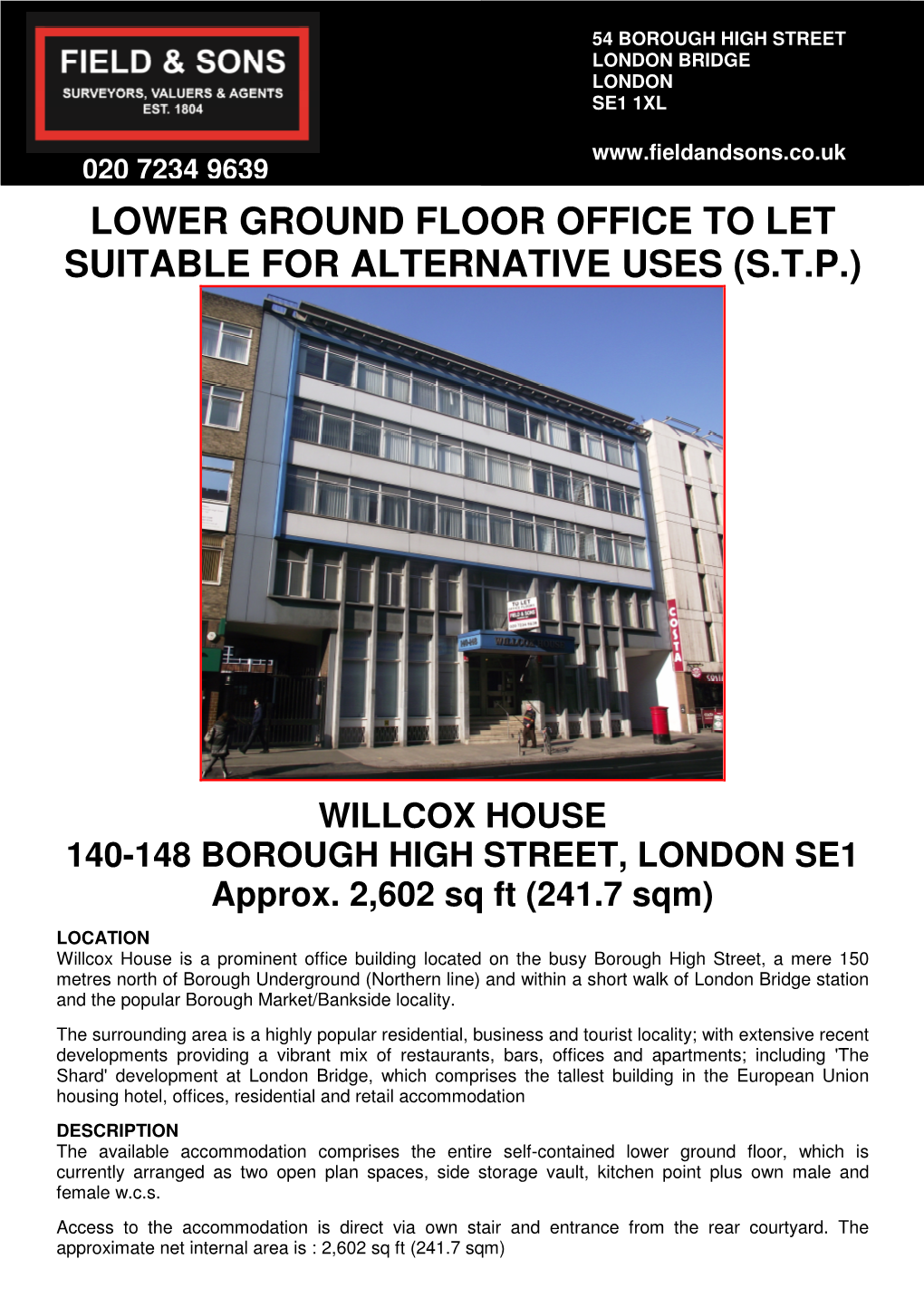 Lower Ground Floor Office to Let Suitable for Alternative Uses (S.T.P.)