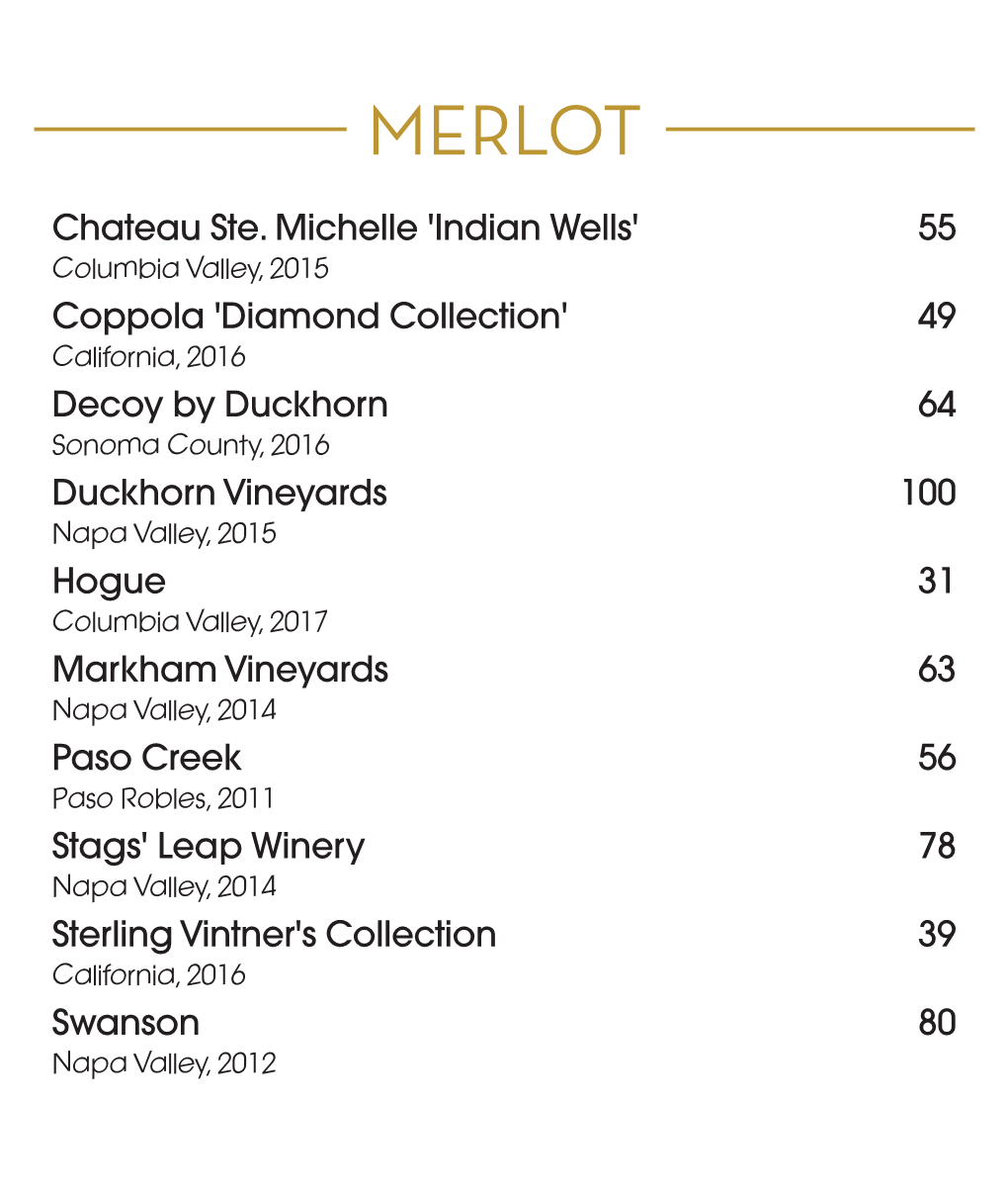 MERLOT CHAMPAGNE & SPARKLING PINOT GRIGIO & PINOT GRIS (620 CAL) MERLOT (620 CAL) Chandon, Brut (660 Cal) 64 Acrobat, Pinot Gris 35 Chateau Ste