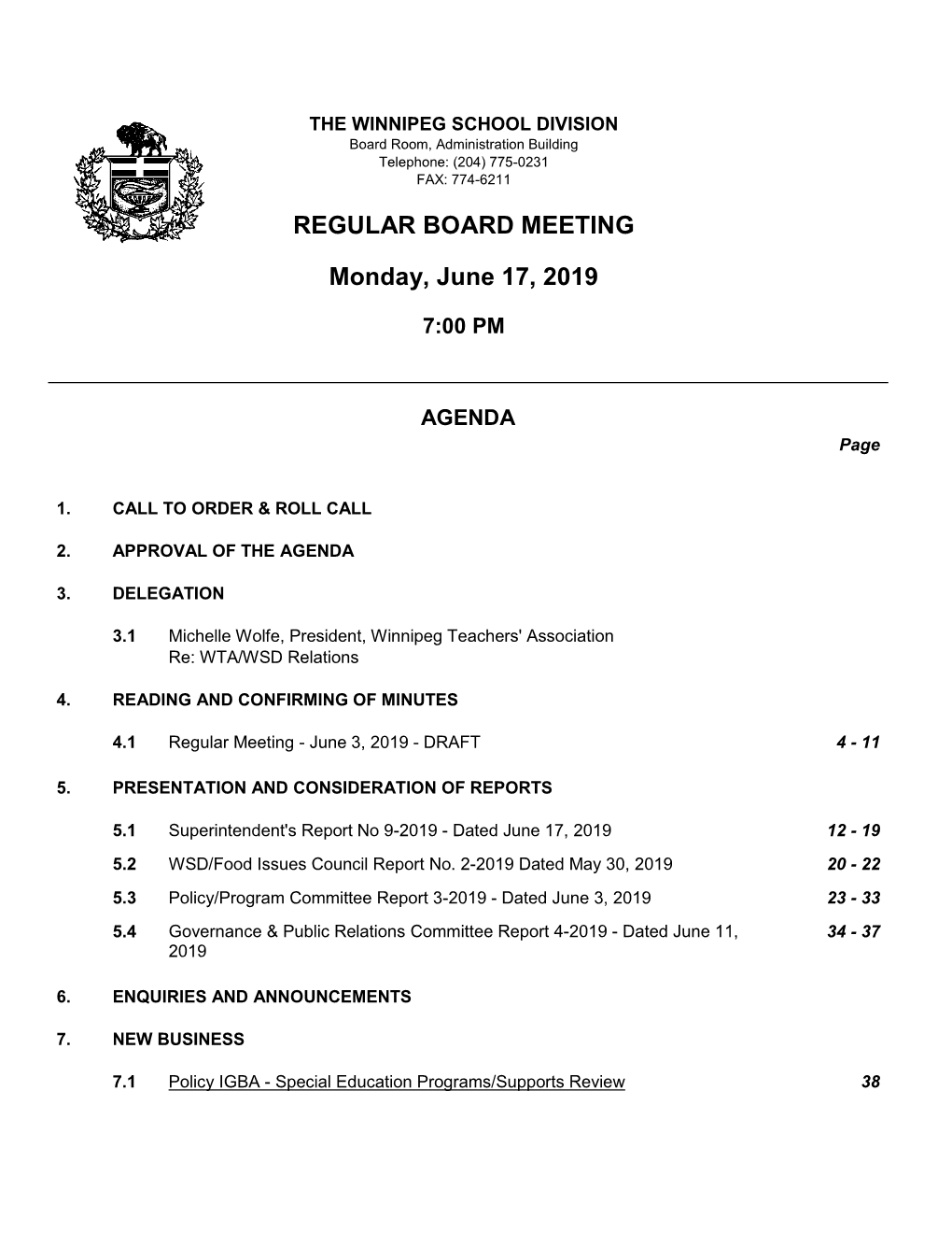 REGULAR BOARD MEETING Monday, June 17, 2019