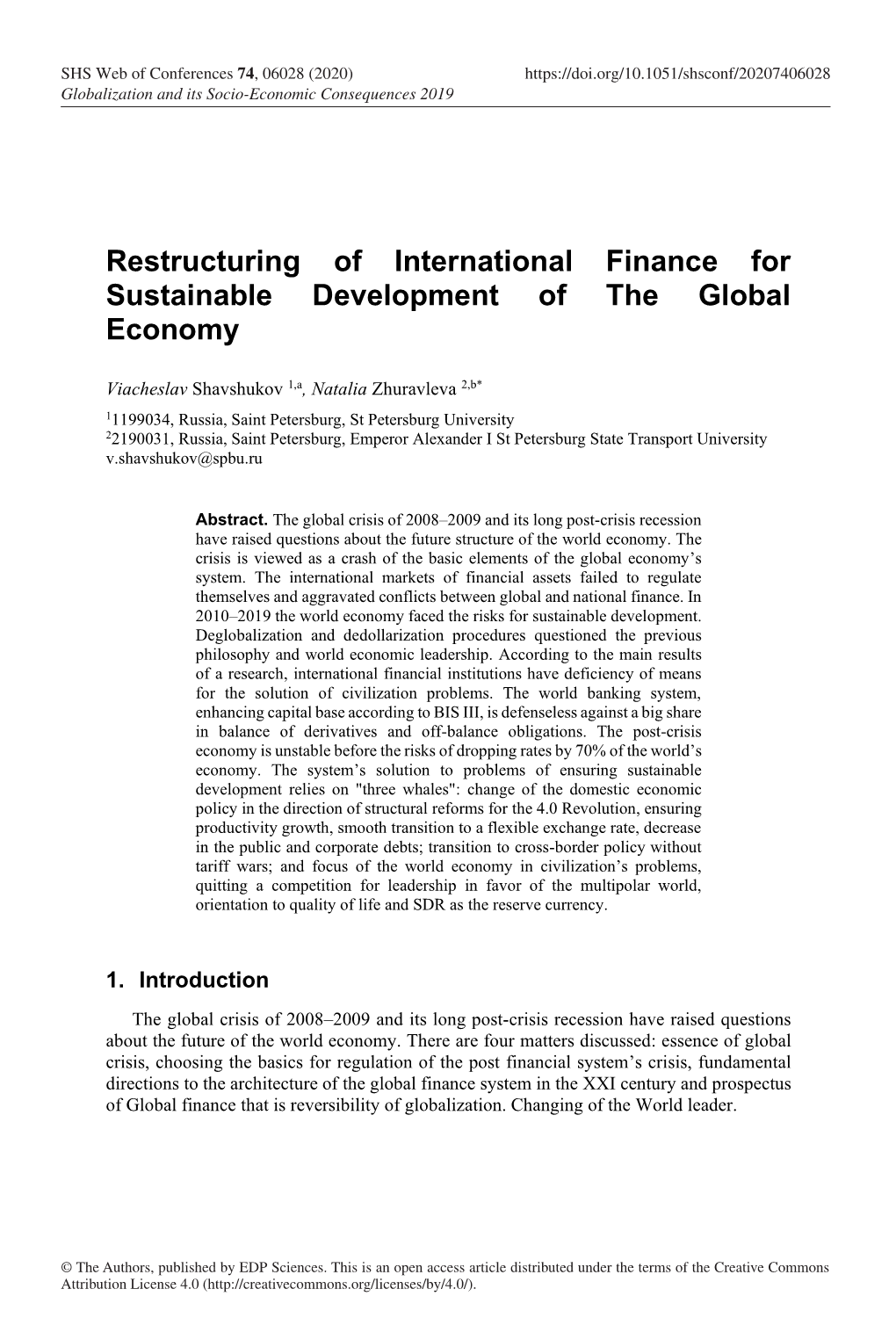 Restructuring of International Finance for Sustainable Development of the Global Economy