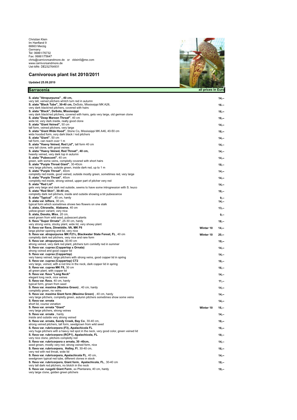 Carnivorous Plant List 2010/2011