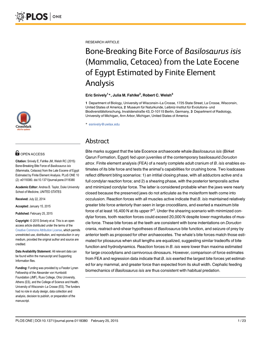 Bone-Breaking Bite Force of Basilosaurus Isis (Mammalia, Cetacea) from the Late Eocene of Egypt Estimated by Finite Element Analysis