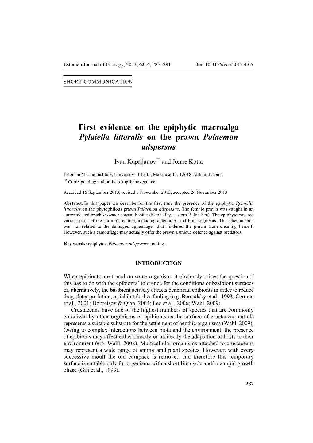 First Evidence on the Epiphytic Macroalga Pylaiella Littoralis on the Prawn Palaemon Adspersus