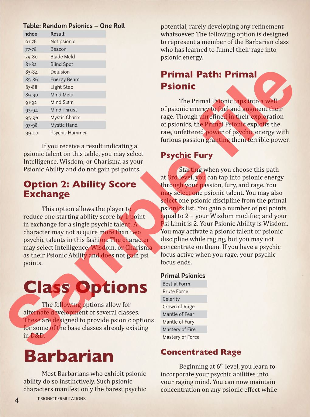 Class Options Barbarian