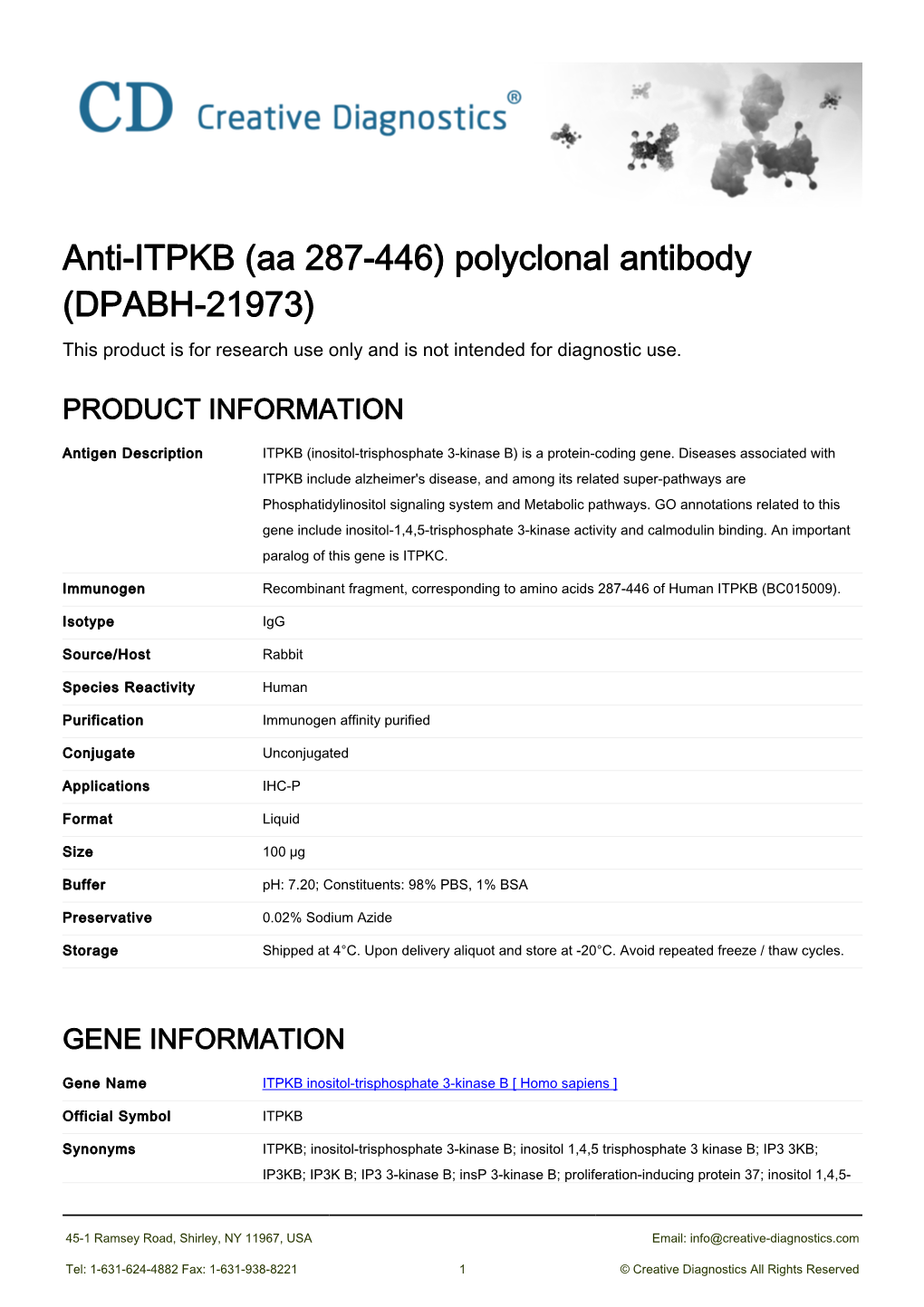 Anti-ITPKB (Aa 287-446) Polyclonal Antibody (DPABH-21973) This Product Is for Research Use Only and Is Not Intended for Diagnostic Use