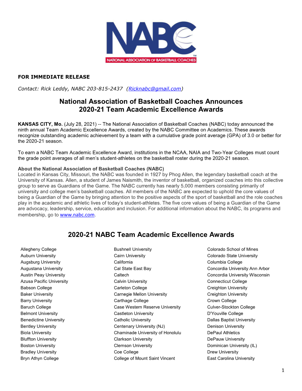 National Association of Basketball Coaches Announces 2020-21 Team Academic Excellence Awards