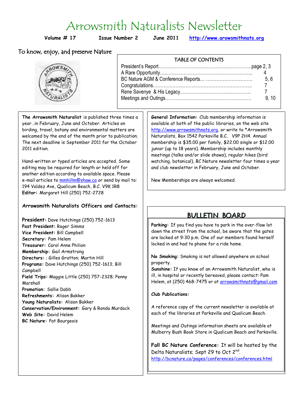 Arrowsmith Naturalists Newsletter Volume # 17 Issue Number 2 June 2011