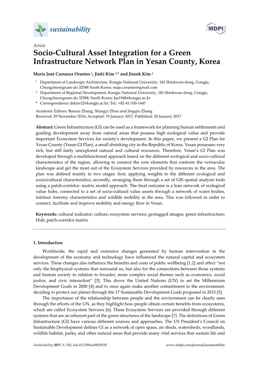 Article Socio-Cultural Asset Integration for a Green Infrastructure Network Plan in Yesan County, Korea