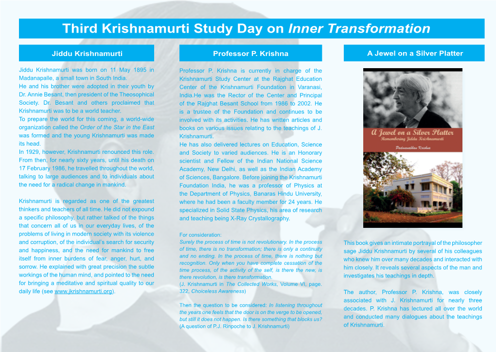 Third Krishnamurti Study Day on Inner Transformation