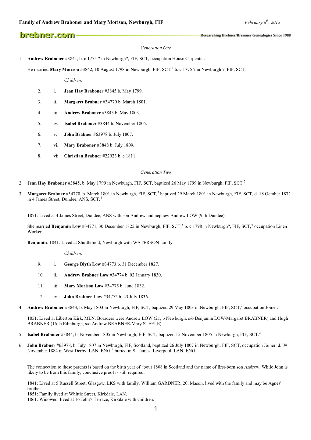 Family of Andrew Braboner and Mary Morison, Newburgh, FIF February 6Th, 2015