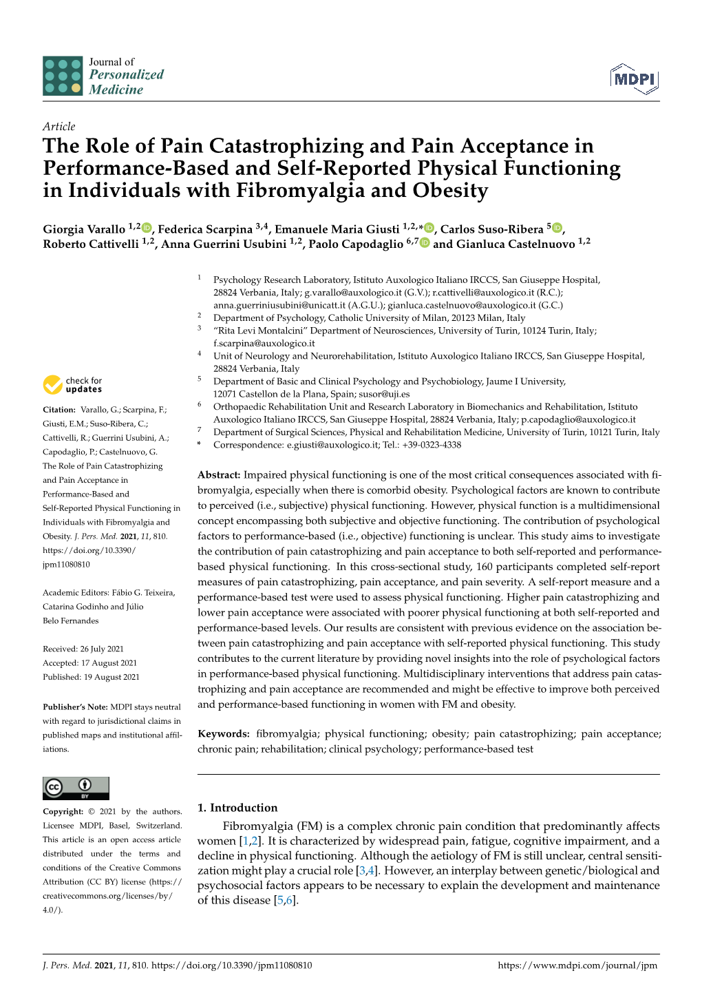 The Role of Pain Catastrophizing and Pain Acceptance in Performance-Based and Self-Reported Physical Functioning in Individuals with Fibromyalgia and Obesity