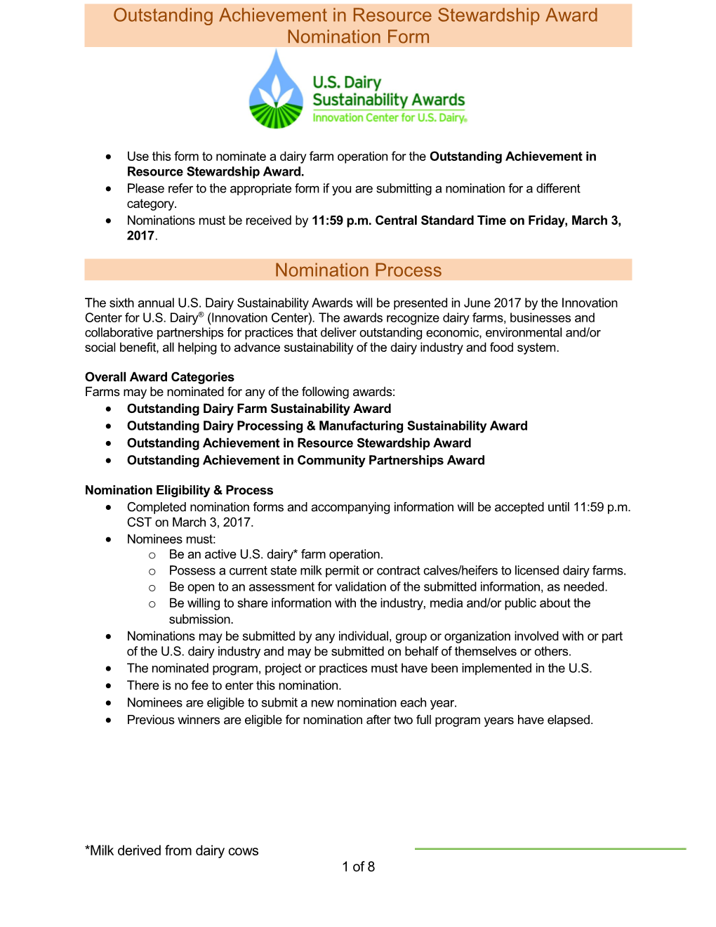 U.S. Dairy Sustainability Awards Outstanding Dairy Farm Sustainability Nomination Form