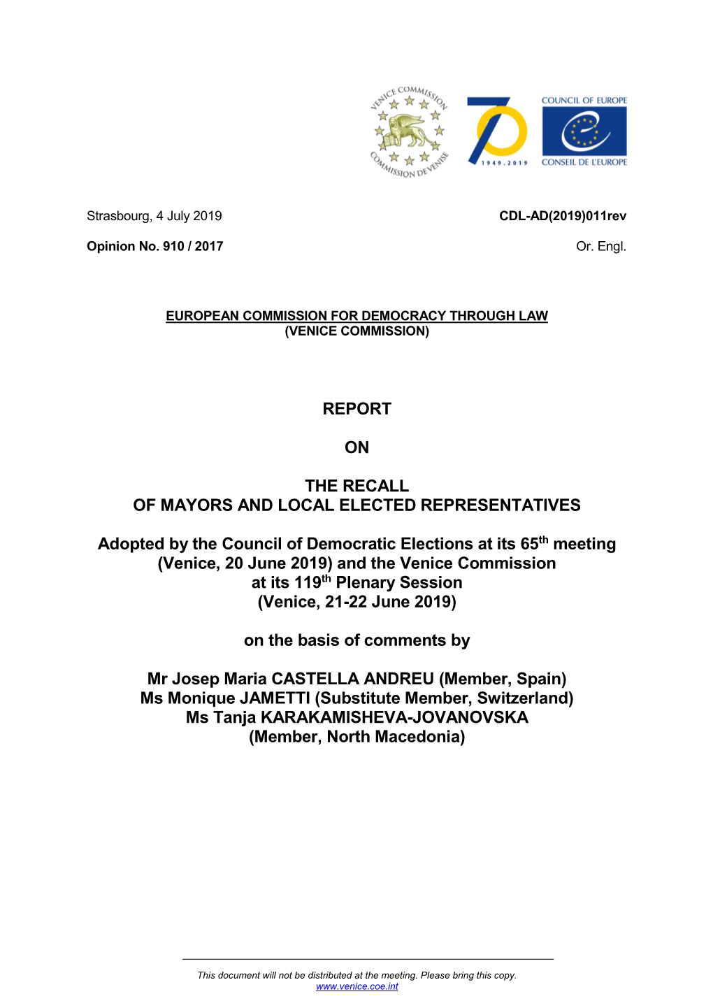 REPORT on the RECALL of MAYORS and LOCAL ELECTED REPRESENTATIVES Adopted by the Council of Democratic Elections at Its 65Th M