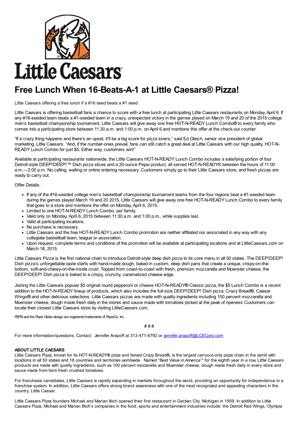 Free Lunch When 16-Beats-A-1 at Little Caesars® Pizza!