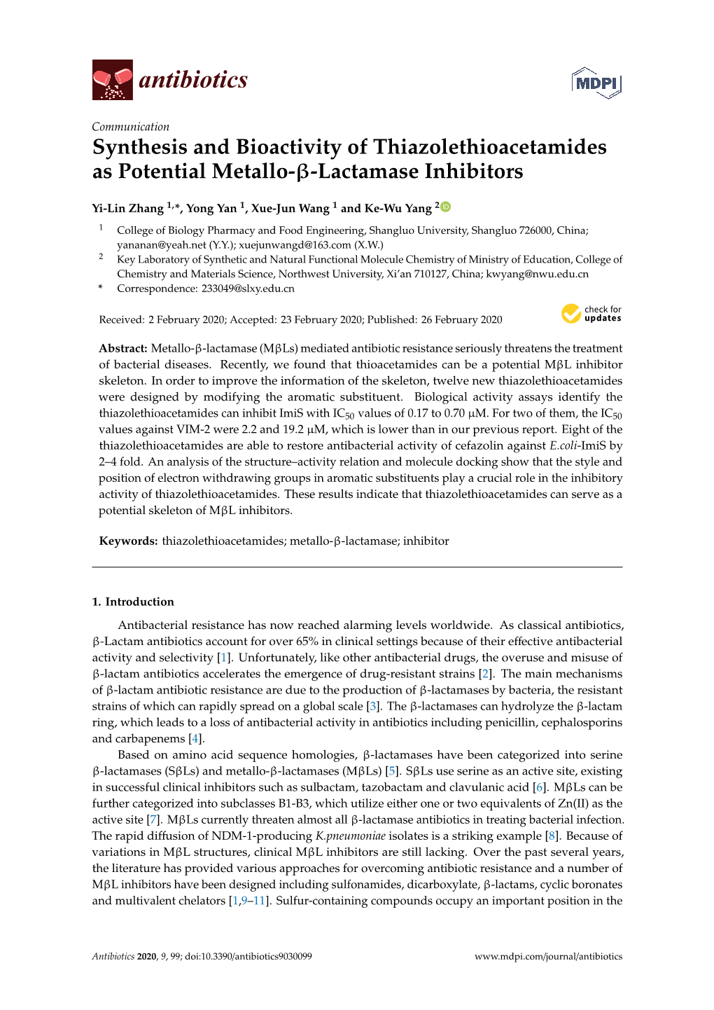 Synthesis and Bioactivity of Thiazolethioacetamides As Potential Metallo-Β-Lactamase Inhibitors