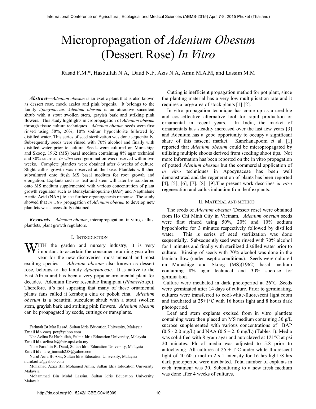 Micropropagation of Adenium Obesum (Dessert Rose) in Vitro