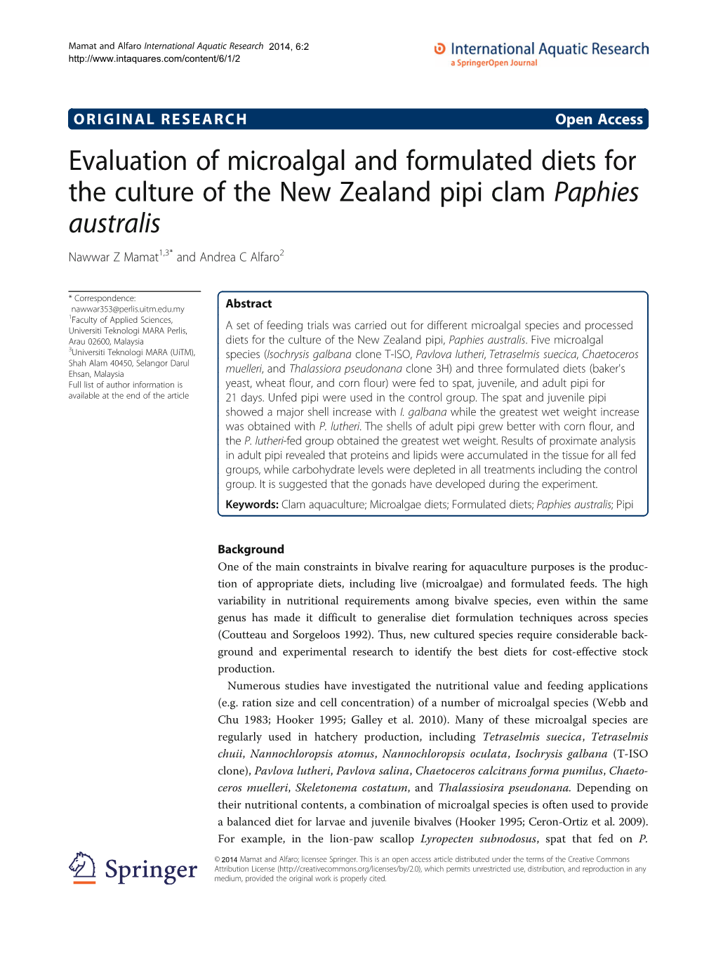 Evaluation of Microalgal and Formulated Diets for the Culture of the New Zealand Pipi Clam Paphies Australis