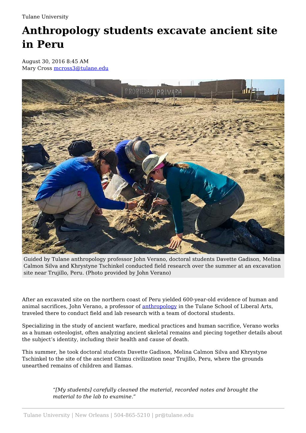 Anthropology Students Excavate Ancient Site in Peru