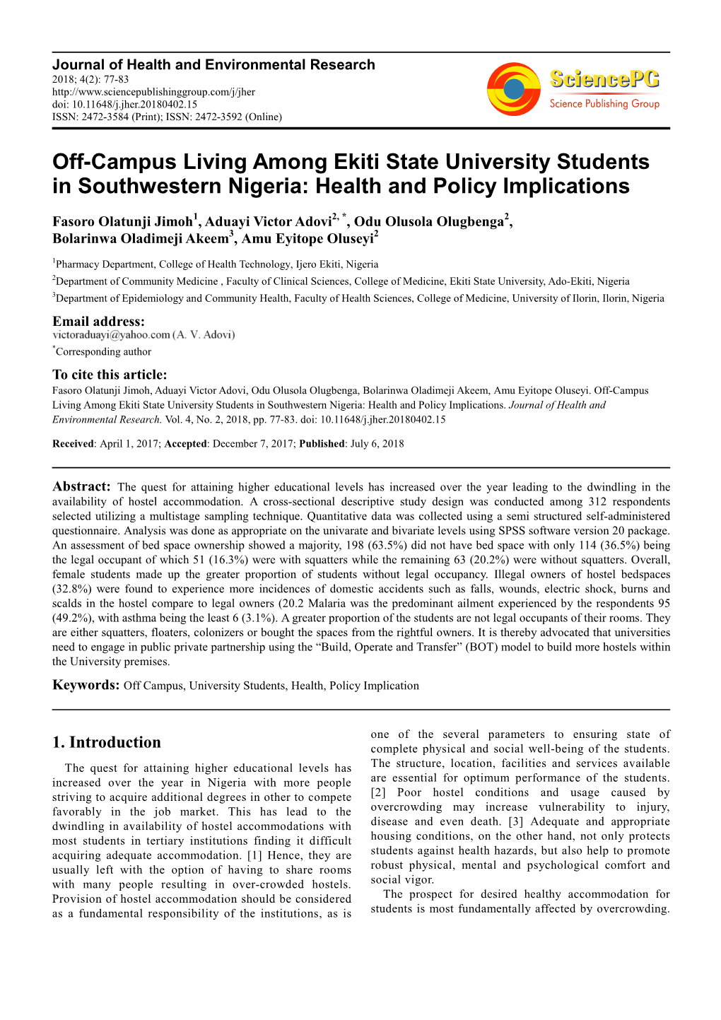 Off-Campus Living Among Ekiti State University Students in Southwestern Nigeria: Health and Policy Implications