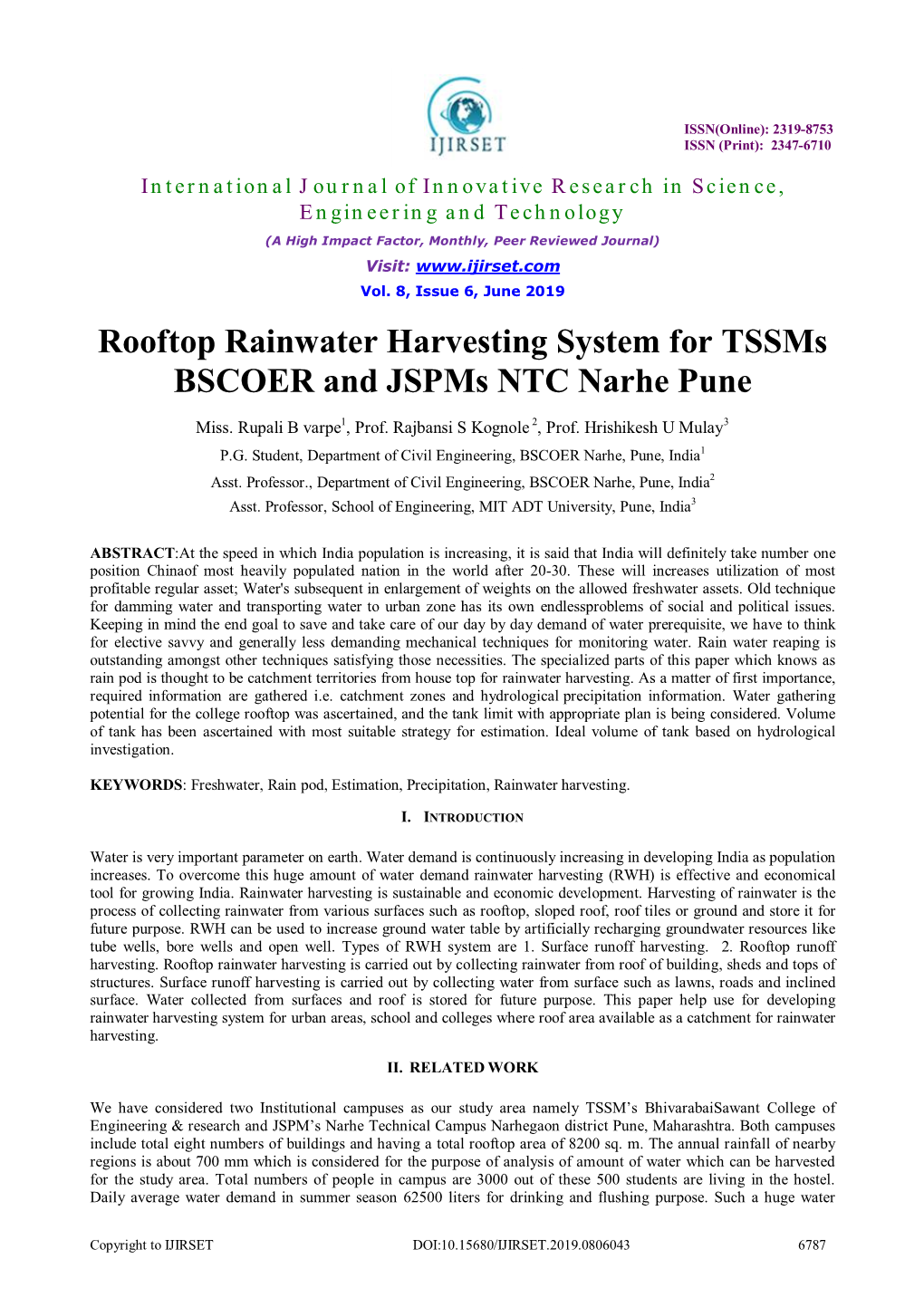 Rooftop Rainwater Harvesting System for Tssms BSCOER and Jspms NTC Narhe Pune