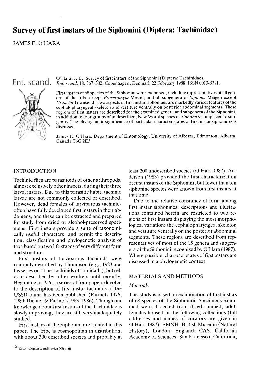 Survey of First Instars of the Siphonini (Diptera: Tachinidae) JAMES E. O