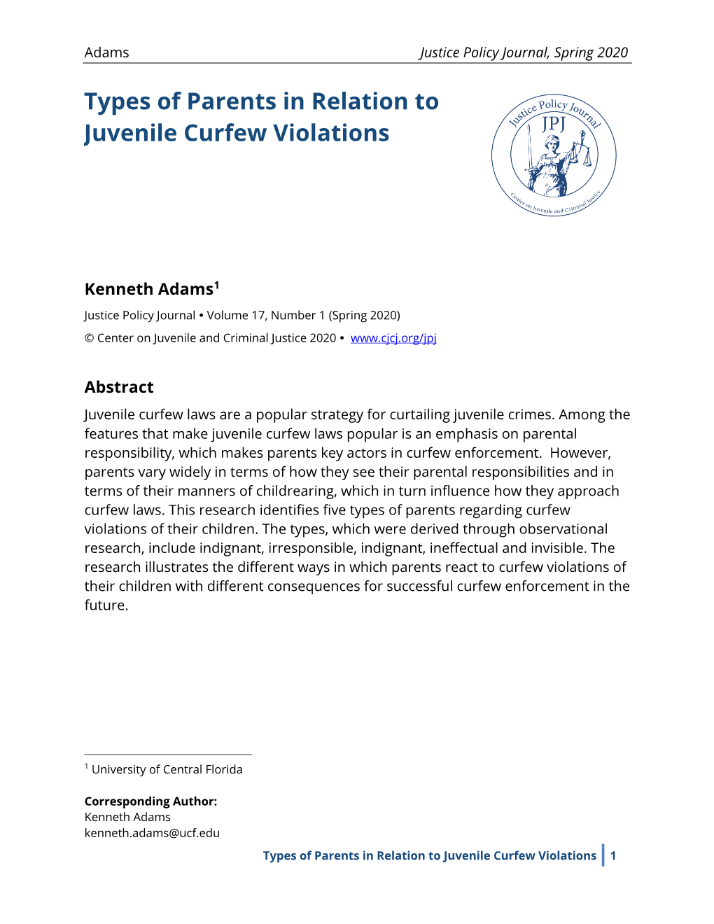 Types of Parents in Relation to Juvenile Curfew Violations
