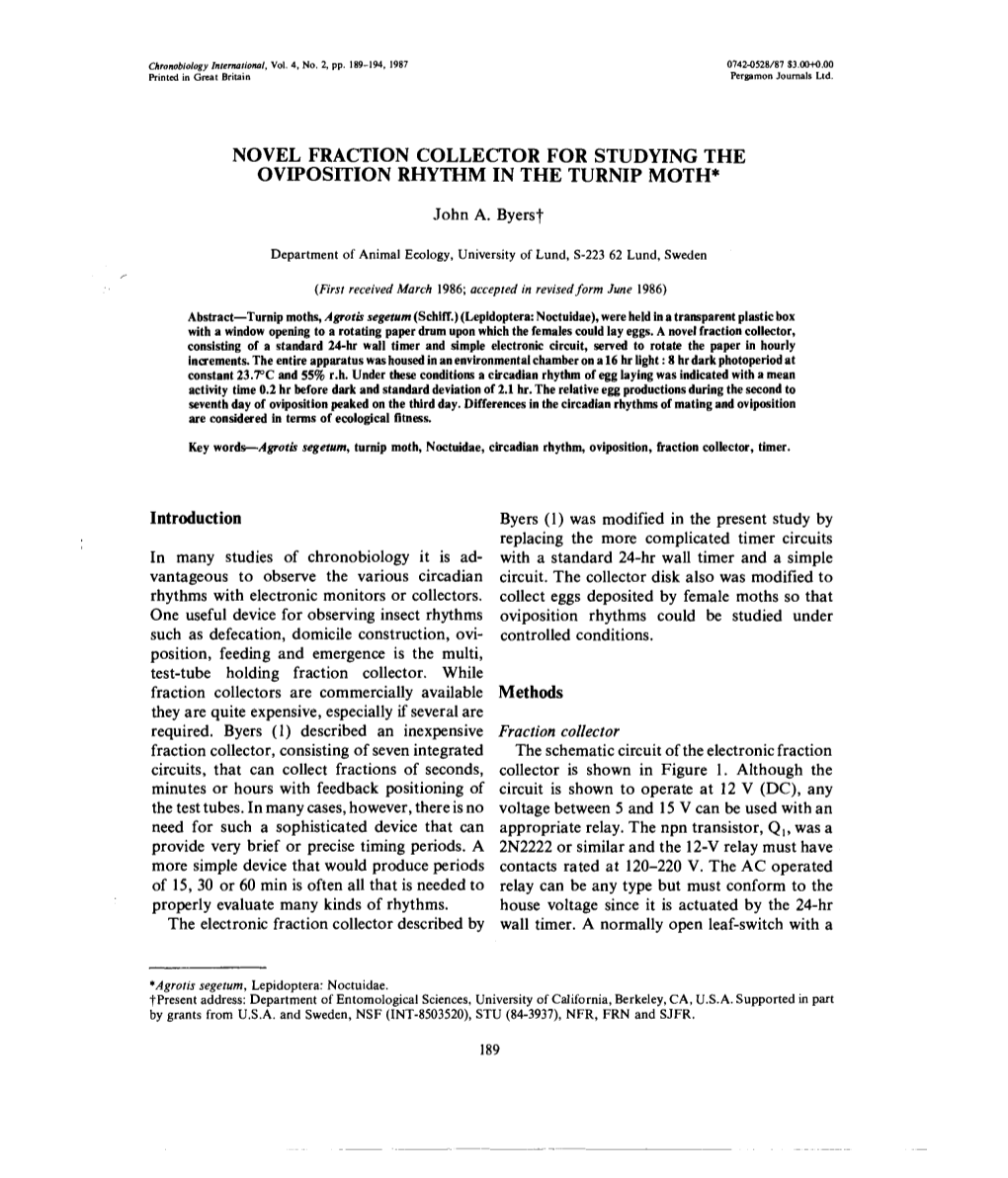 Novel Fraction Collector for Studying the Oviposition Rhythm in the Turnip Moth*