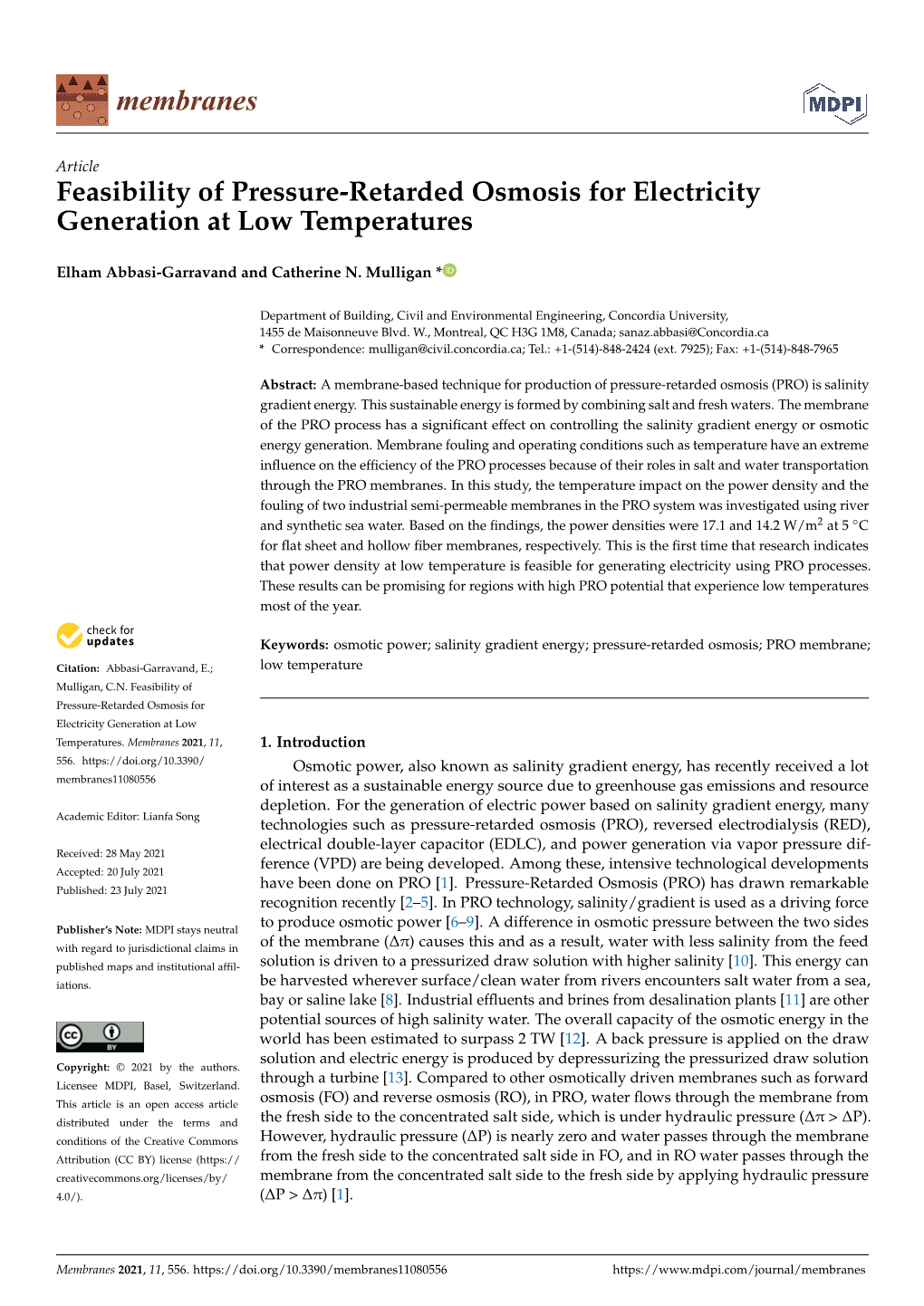 Feasibility of Pressure-Retarded Osmosis for Electricity Generation at Low Temperatures