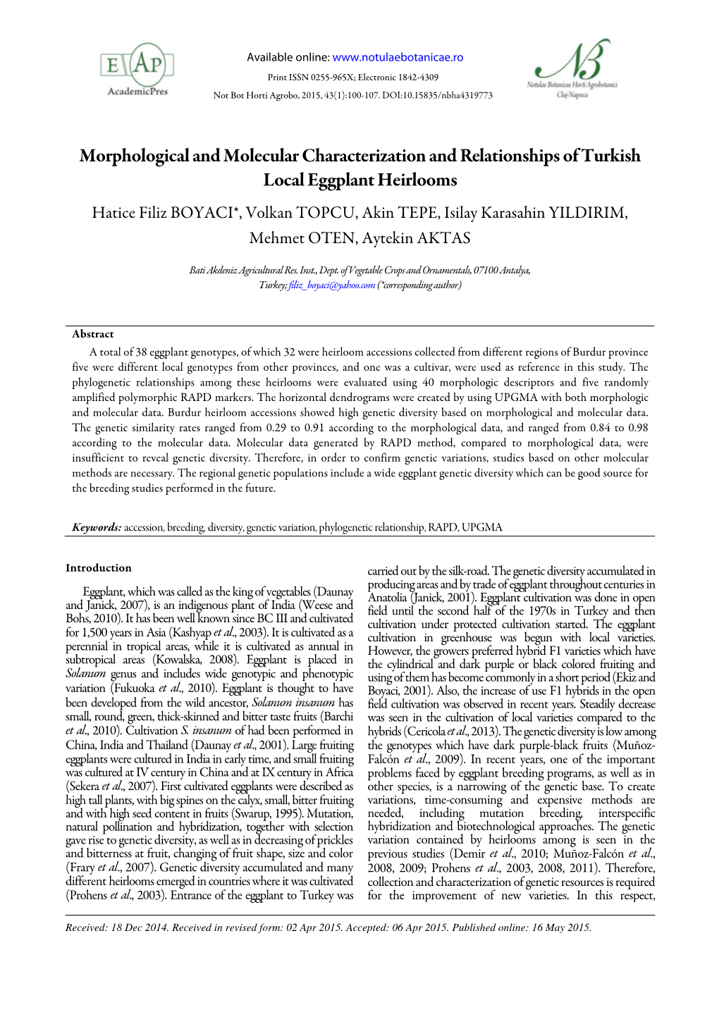 Morphological and Molecular Characterization and Relationships of Turkish Local Eggplant Heirlooms