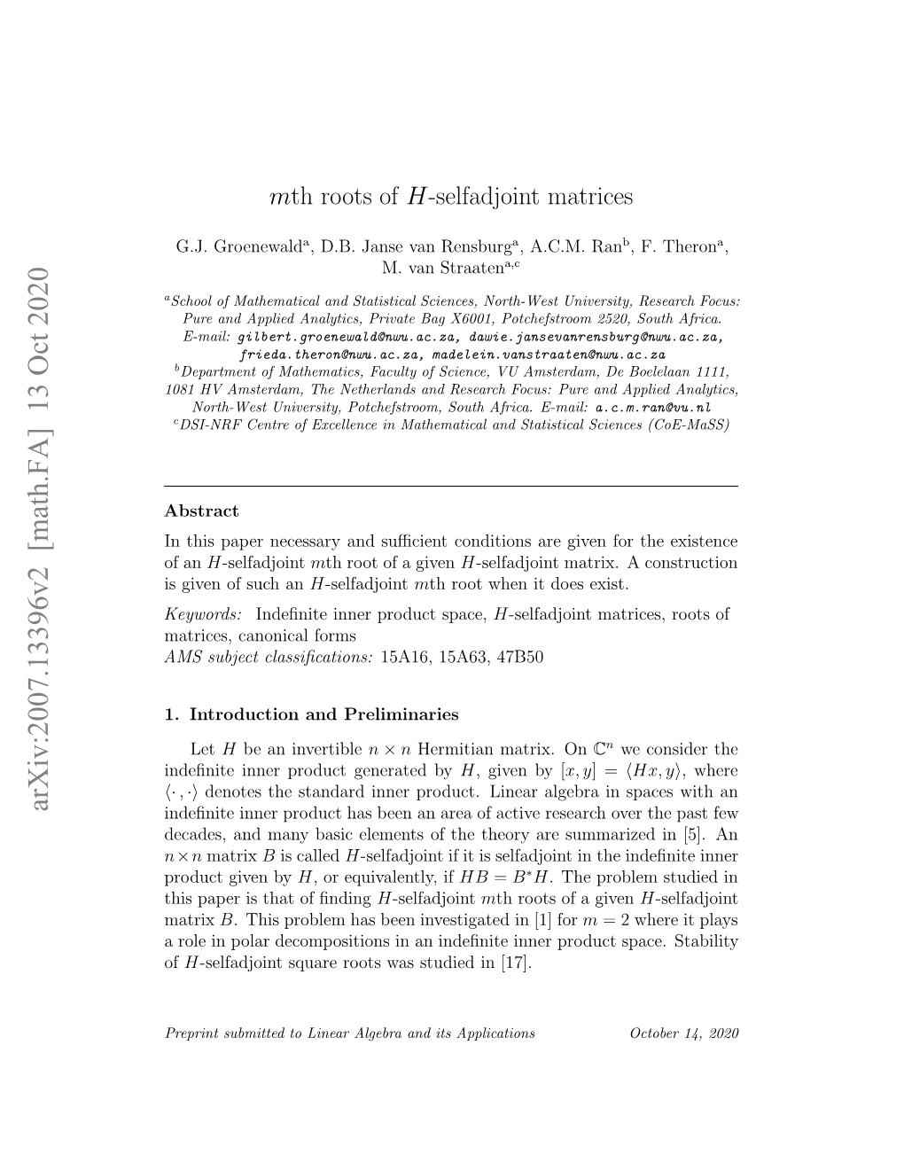 Mth Roots of H-Selfadjoint Matrices