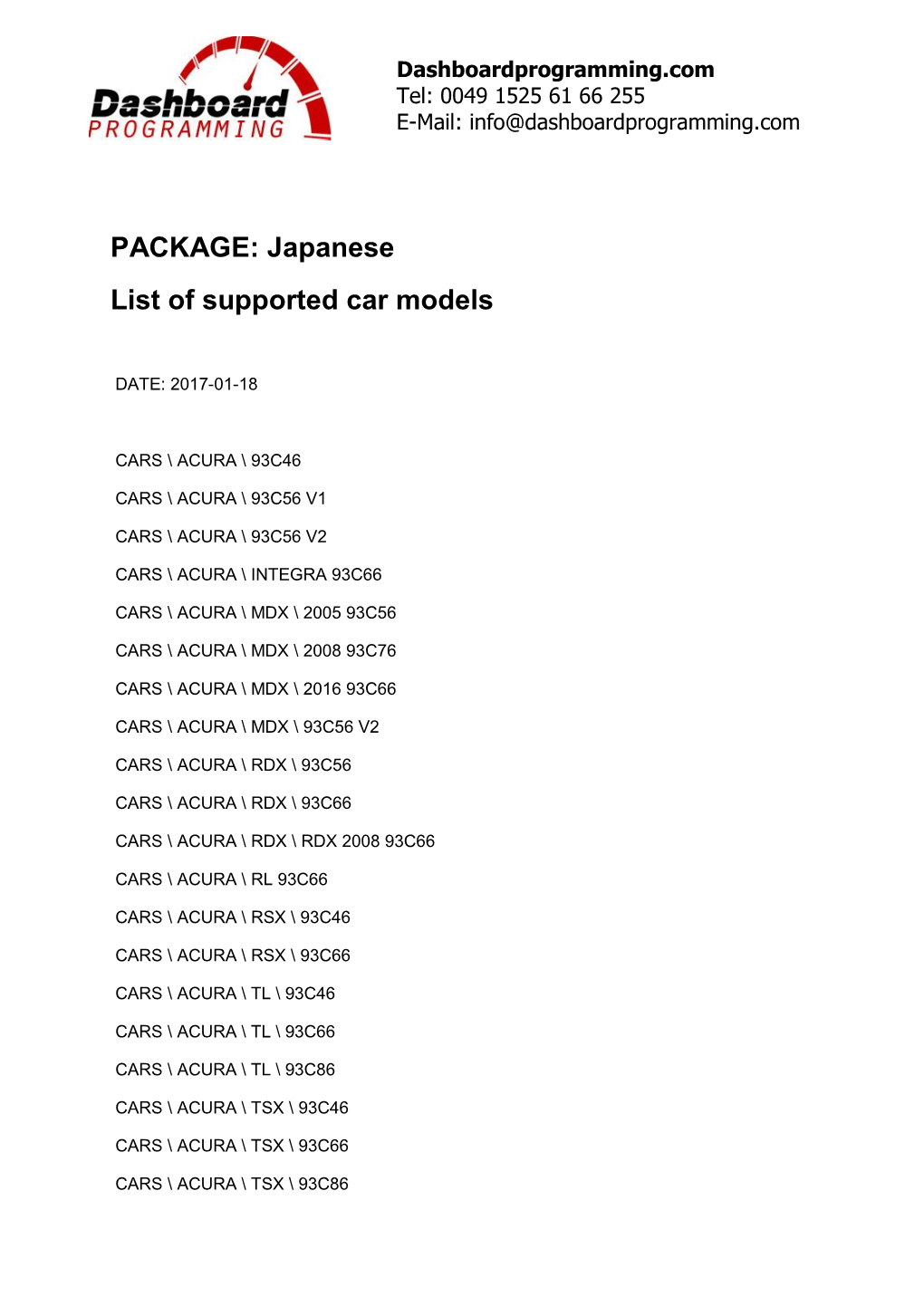 PACKAGE: Japanese List of Supported Car Models
