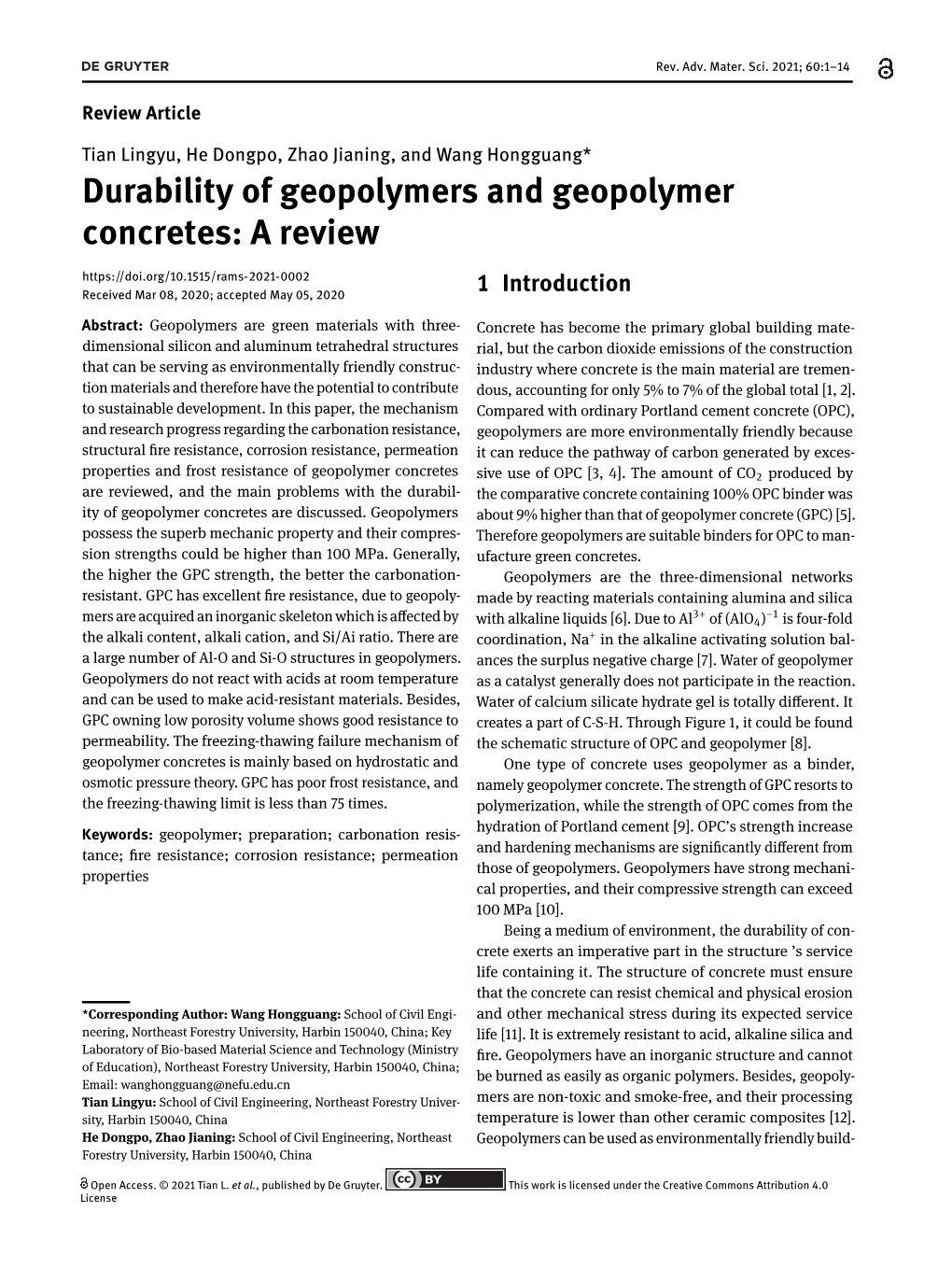 Durability of Geopolymers and Geopolymer Concretes: a Review 1 Introduction Received Mar 08, 2020; Accepted May 05, 2020