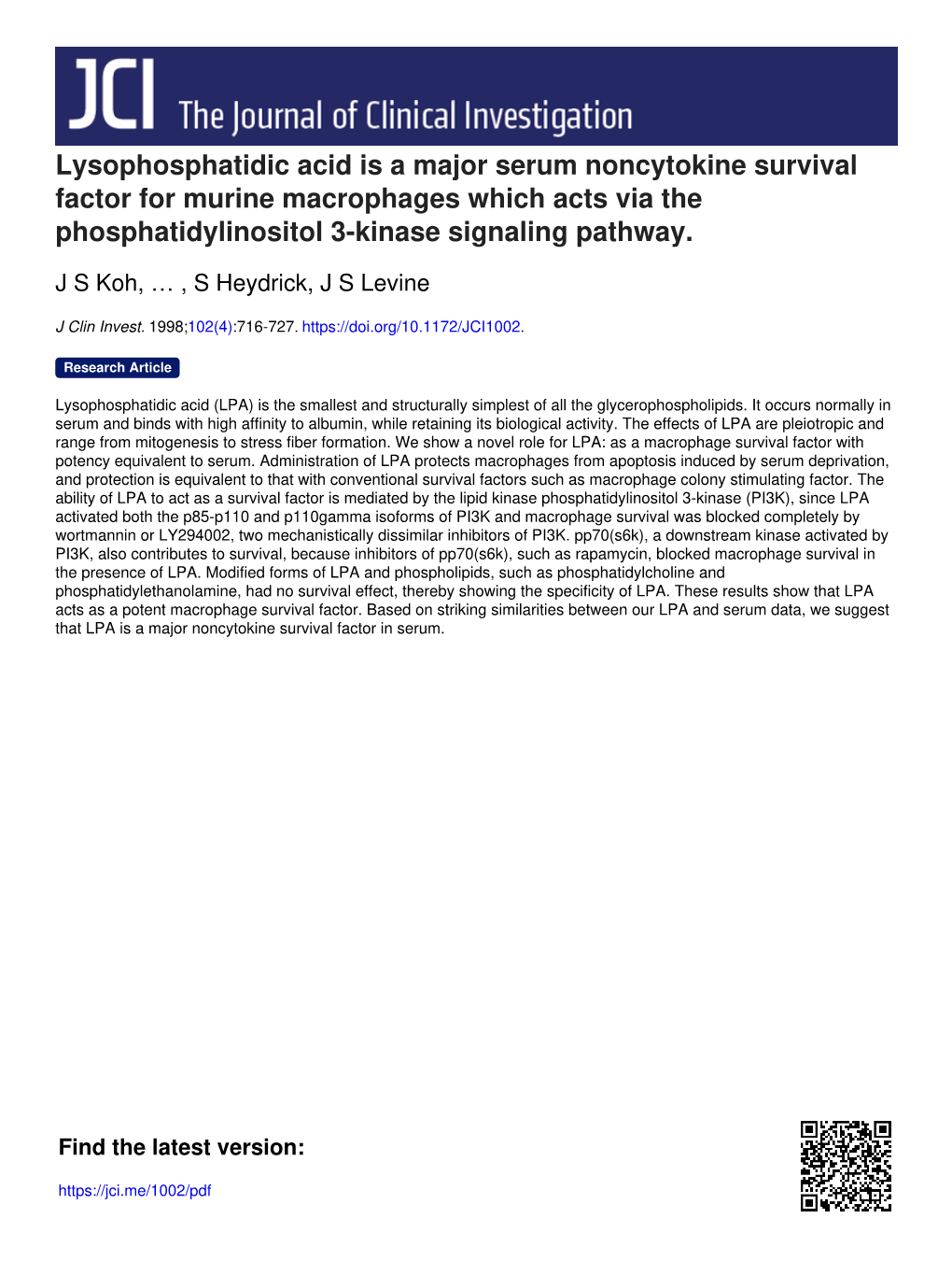 Lysophosphatidic Acid Is a Major Serum Noncytokine Survival Factor for Murine Macrophages Which Acts Via the Phosphatidylinositol 3-Kinase Signaling Pathway