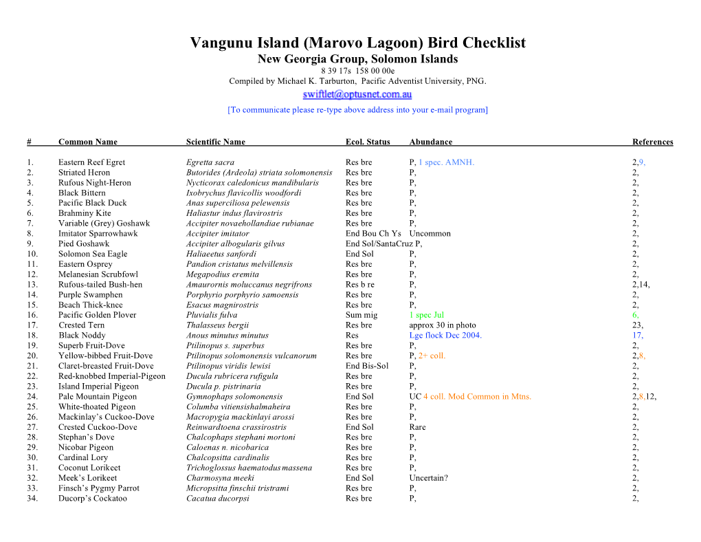 Vangunu Island (Marovo Lagoon) Bird Checklist New Georgia Group, Solomon Islands 8 39 17S 158 00 00E Compiled by Michael K