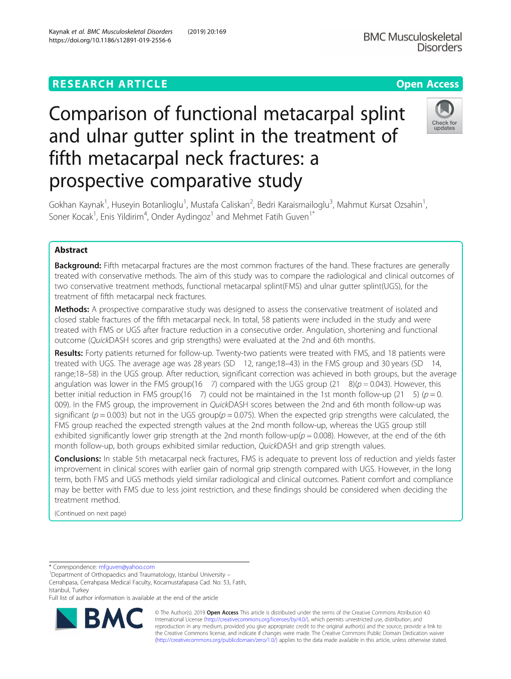 Comparison of Functional Metacarpal Splint and Ulnar Gutter Splint in the Treatment of Fifth Metacarpal Neck Fractures