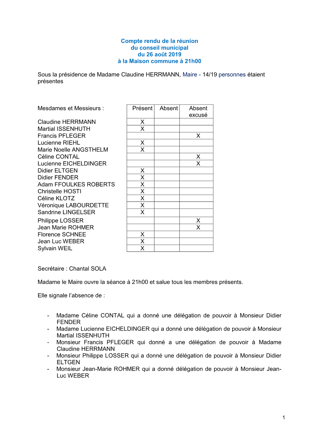 Compte Rendu De La Réunion Du Conseil Municipal Du 26 Août 2019 À La Maison Commune À 21H00