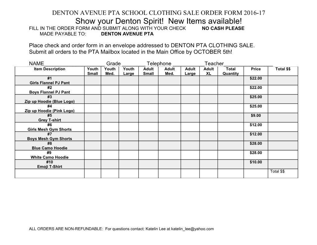 Denton Avenue Pta School Clothing Sale Order Form 2016-17