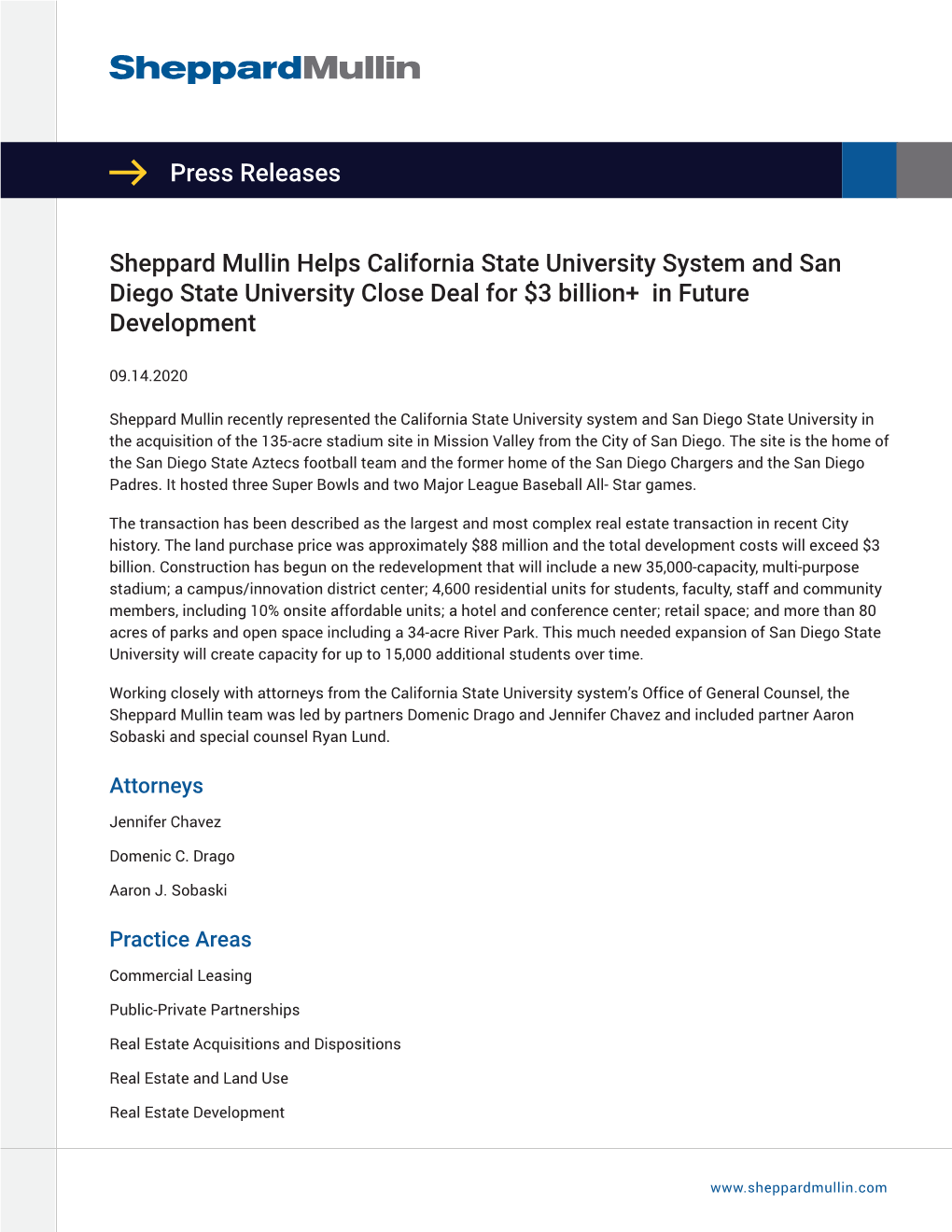 Press Releases Sheppard Mullin Helps California State University