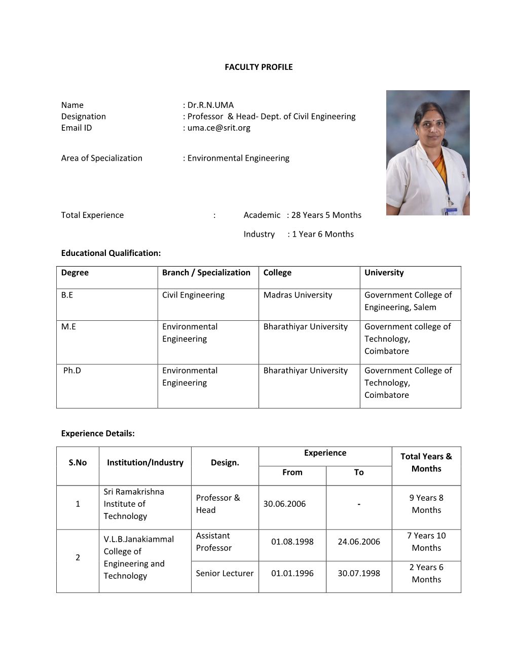 FACULTY PROFILE Name : Dr.R.N.UMA Designation