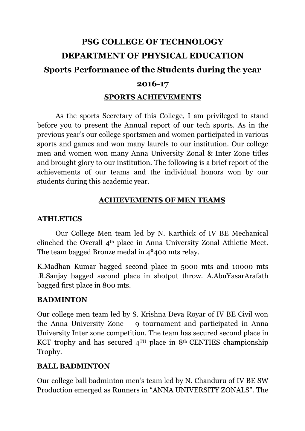 Sports Sports Report 2016-17