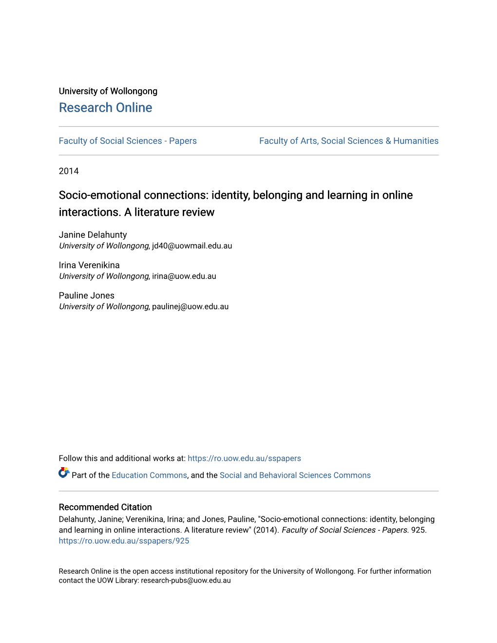 Socio-Emotional Connections: Identity, Belonging and Learning in Online Interactions