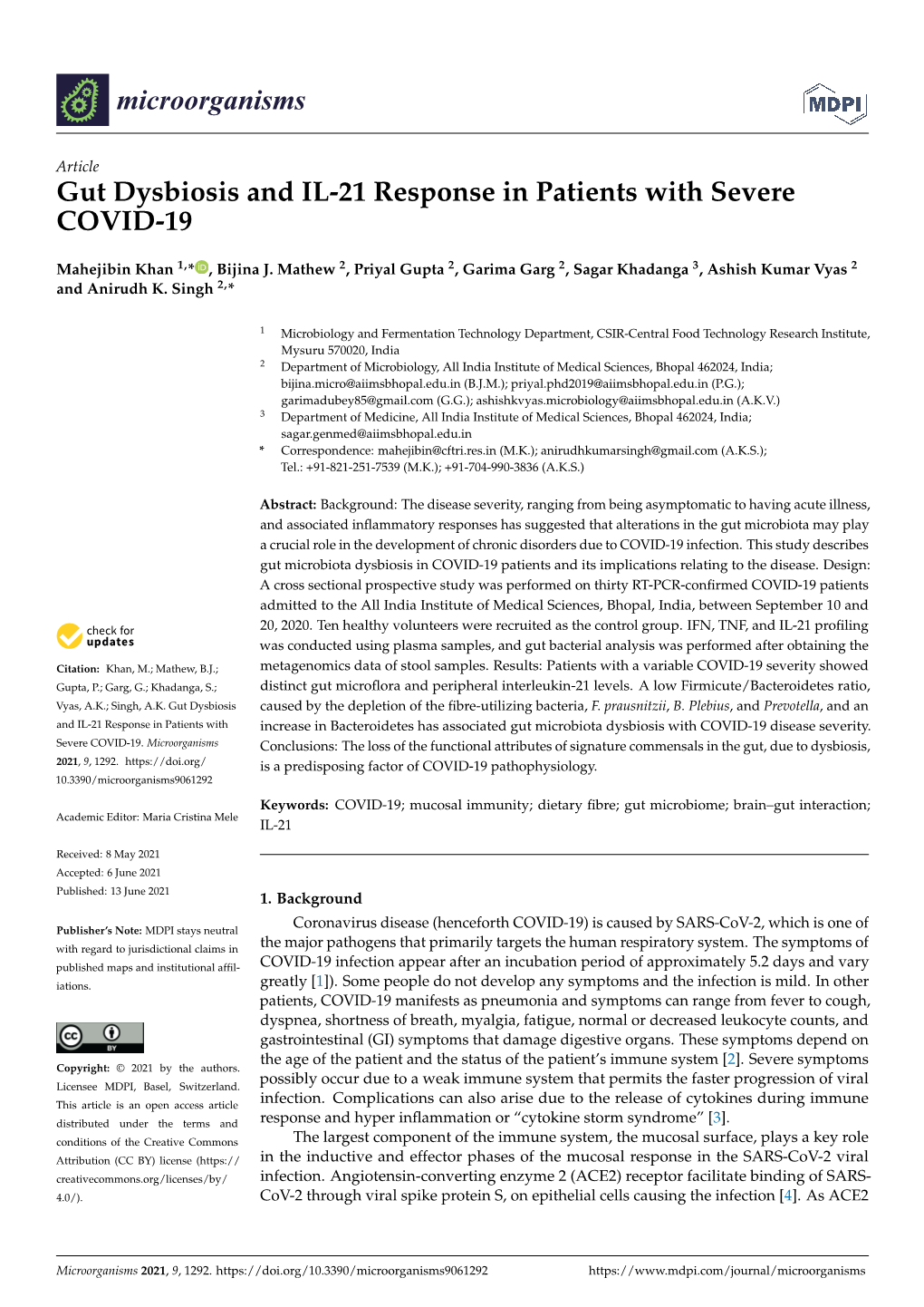 Gut Dysbiosis and IL-21 Response in Patients with Severe COVID-19